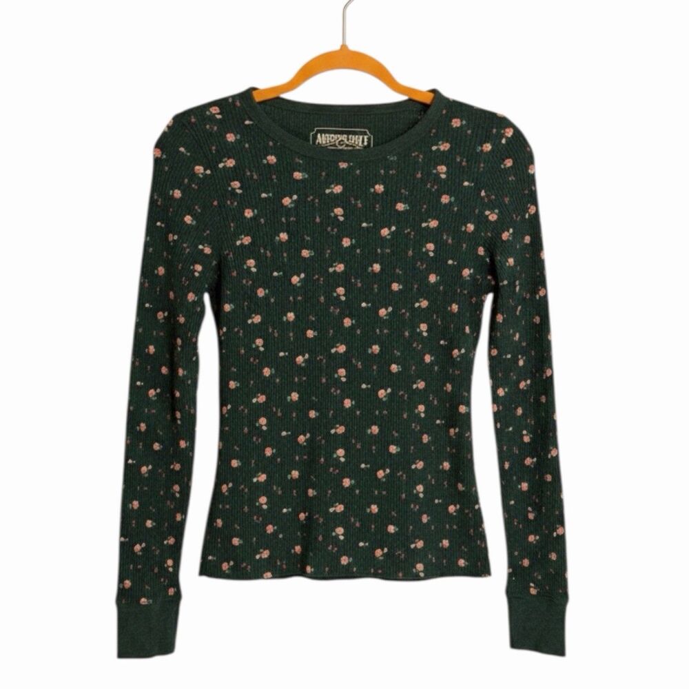 American Eagle Thermal Top Shirt Waffle Ditzy Floral Rose Green Pink S